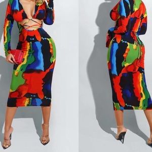 Multi-color midi cut-out with tie front detailing multiple sizes